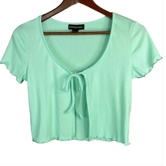 5/$25 STREETWEAR SOCIETY Mint Green Rib Crop Top Lettuce Hem Tied Front Size M - Picture 2 of 9